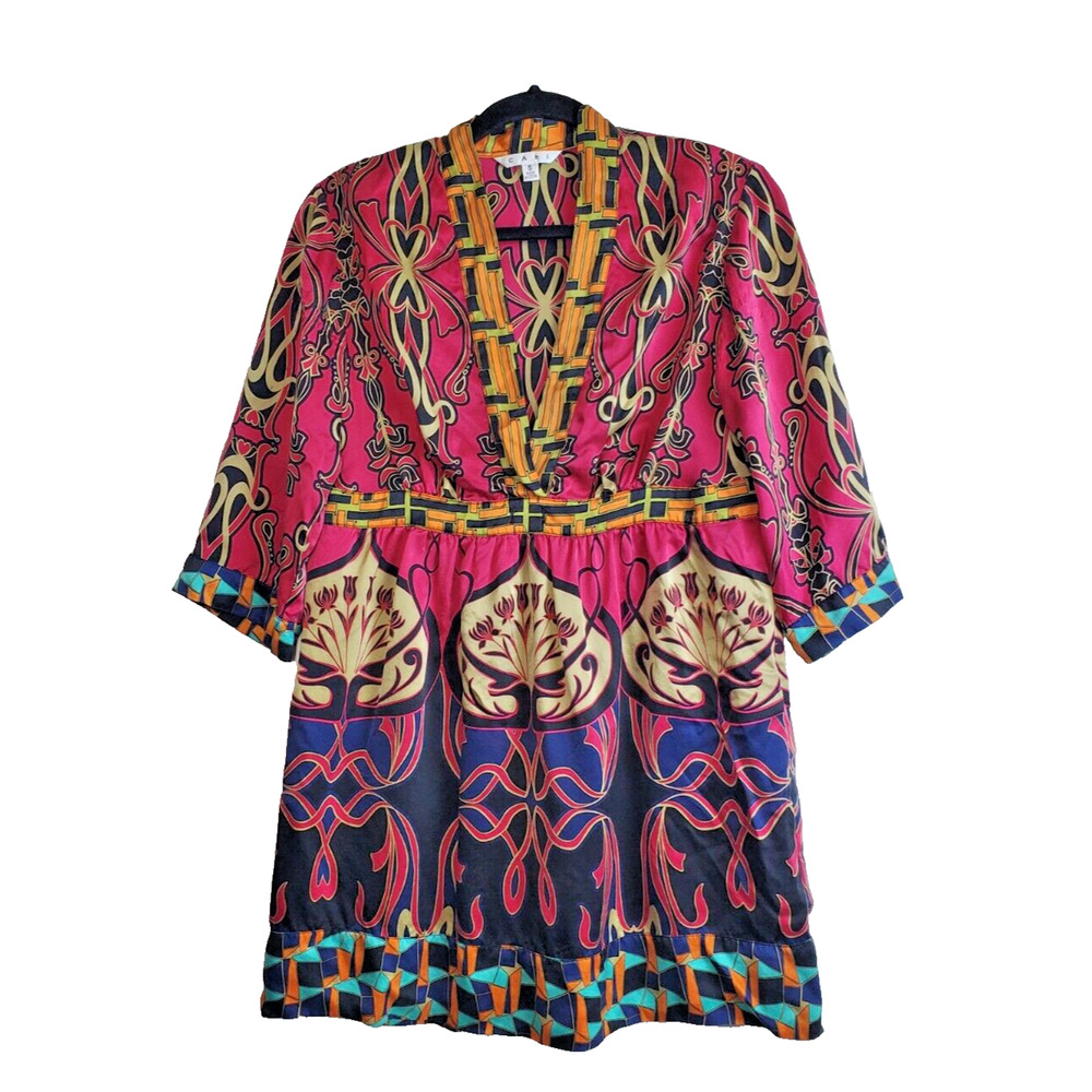 Cabi Womens Small 100% Silk Top Tunic Long Sleeve‎ Colorful Print V-neck